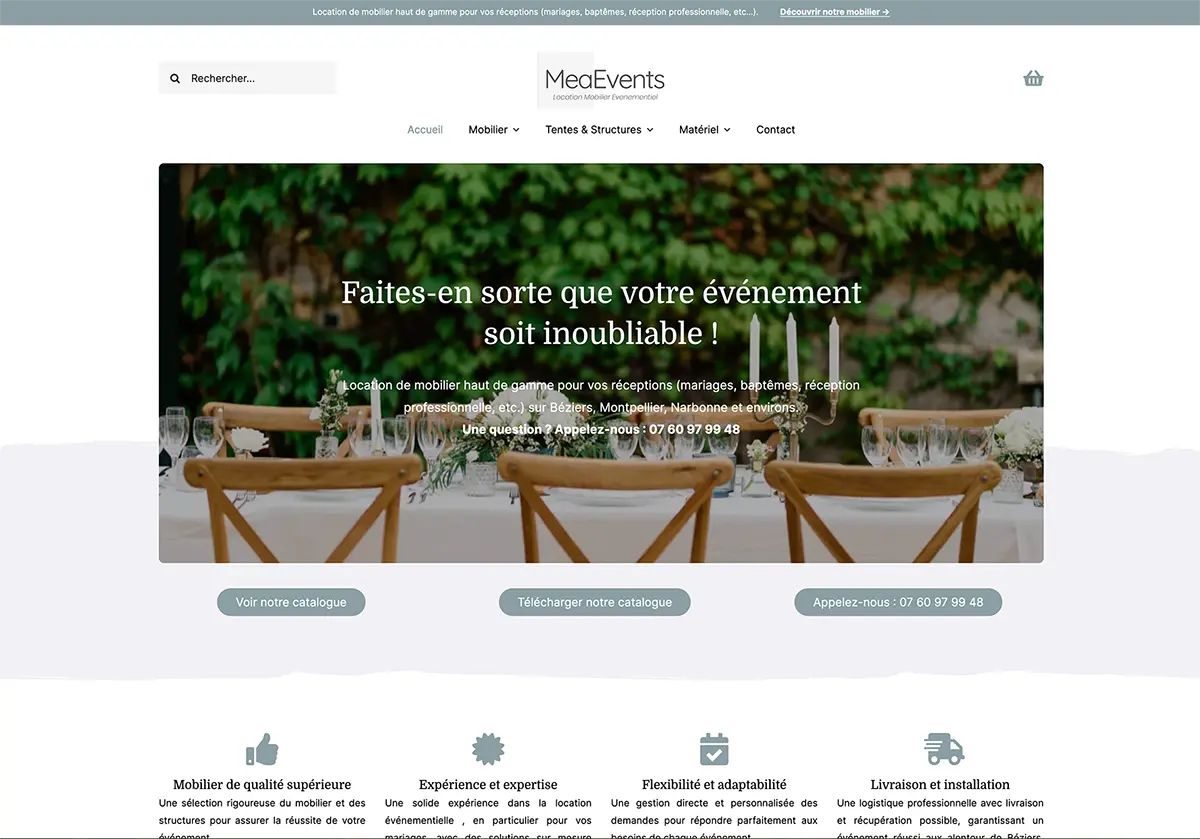 Aperçu du site vitrine MeaEvents sous Divi